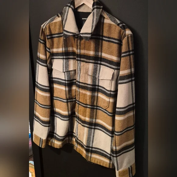 Mens Express Plaid Wool Blend Jacket/Coat/Shirt Size Medium Button Down - Picture 3 of 8